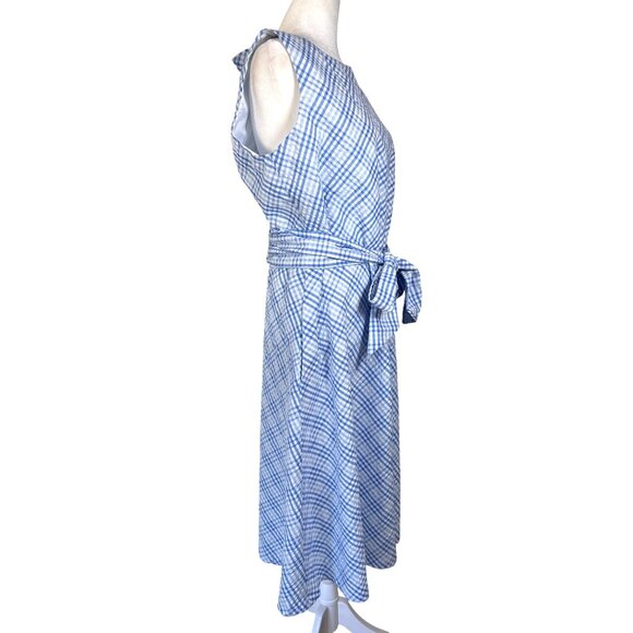 Anne Klein Dress Size 12 Seersucker Gingham Midi Sleeveless Belted Classic Blues - Picture 4 of 10